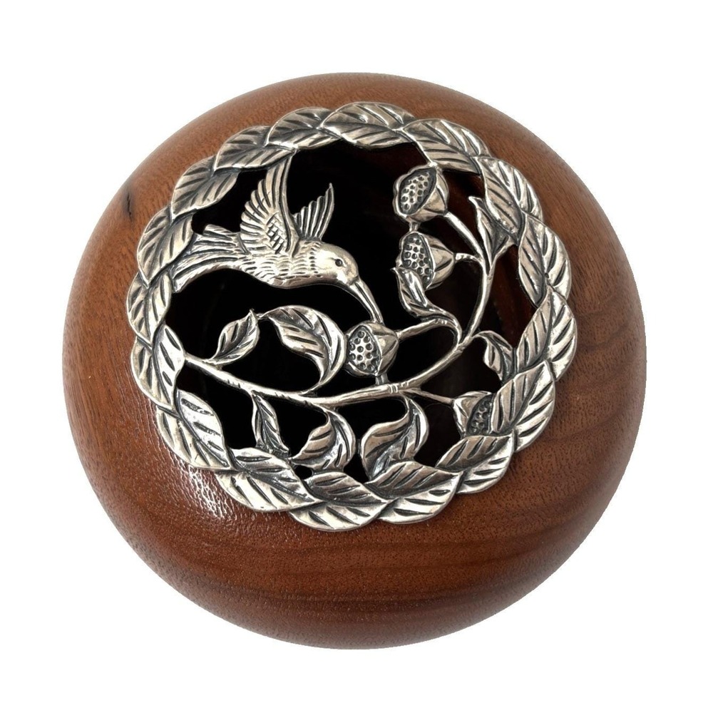 VTG Wood Round Bowl Pewter Humming Bird Lid Jewelry Keepsake Box Potpourri
